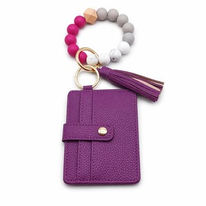 여성용 맞춤형 실리콘 비즈 손목 스트랩 키체인, PU 가죽 카드 홀더 지갑 및 태슬 포함 - Product Image 5