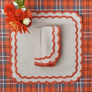 Custom French Luxury Double Scalloped Embroidered Edge <b>Table</b> <b>Cloth</b> Pure 100% Organic <b>Linen</b> Napkin Placemat for Hotel Wedding - Product Image 2