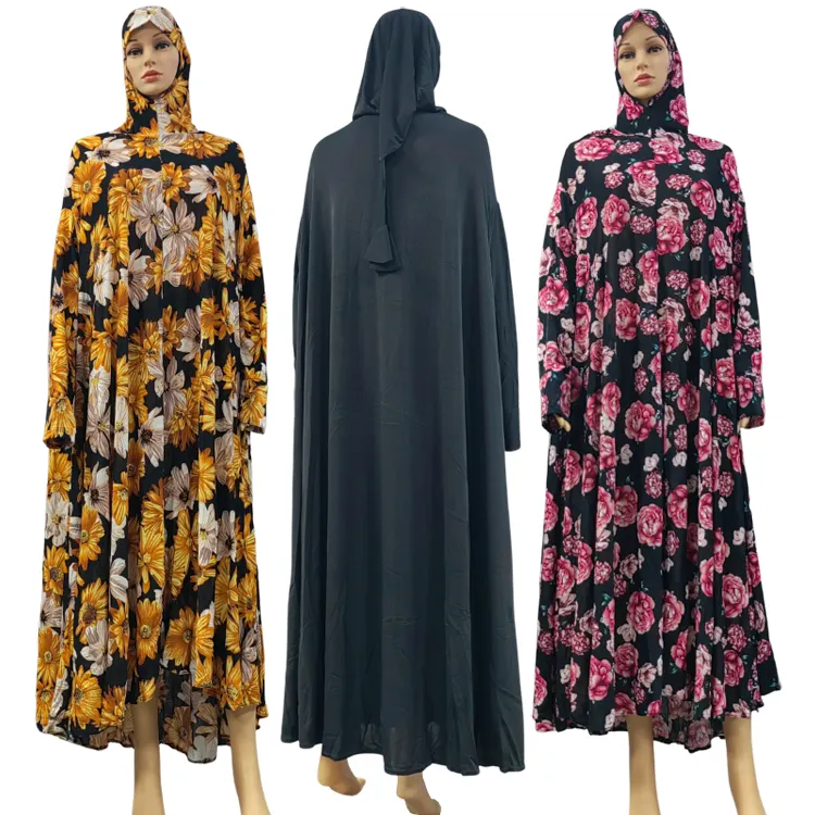 Dubai Pakaian Doa Panas Wanita Muslim Bunga Jilbab Jibab Turki Afrika Jubah Ibadah dengan Topi Islam Arab Gaun Kaftan Ramadan