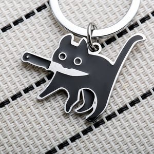 Niedlicher schwarzer Katzen-Schlüsselanhänger aus Emaille-Metall mit Messer, kreativer Cartoon-Tier-Schlüsselring, lustiger Taschenanhänger, kleines Neuheiten-Geschenk für - Product Image 4