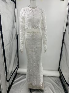 Nuovi Modelli di Abiti Lunghi Estivi da Donna con <span class=keywords><strong>Maniche</strong></span> <span class=keywords><strong>Lunghe</strong></span>, <span class=keywords><strong>Vestito</strong></span> a Tubino <span class=keywords><strong>Bianco</strong></span> in <span class=keywords><strong>Pizzo</strong></span> a Due Pezzi - Product Image 2