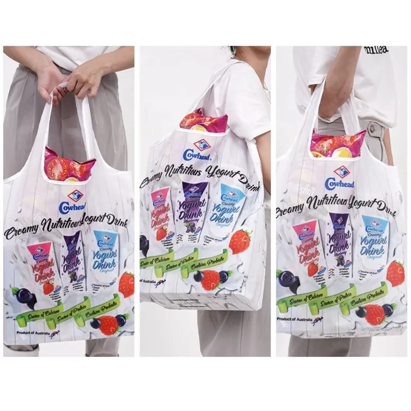 BSCI factory custom reusable 420D polyester grocery shopping bag foldable into pouch