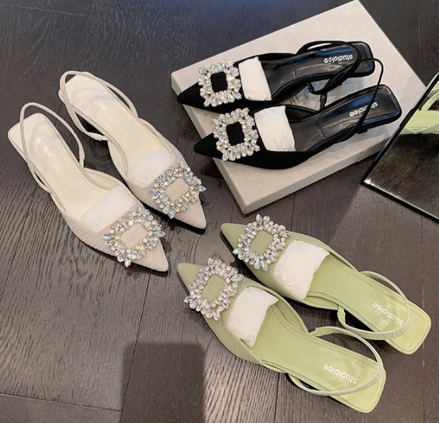 Женские босоножки на высоком каблуке, сандалии с острым носком и квадратной пряжкой, со стразами, обувь для офиса и свадьбы, 2023