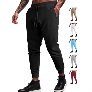 Pantalones deportivos de punto gofrado para hombre, cintura elástica con cordón, transpirables, de color sólido, informales, para el tiempo libre - Product Image 6