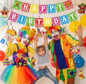 Tema mexicano niños cumpleaños fiesta telón de fondo Feliz cumpleaños hueco Banner banderas banderines calavera Taco Cactus piñata Foil remolinos Decoración - Product Image 2