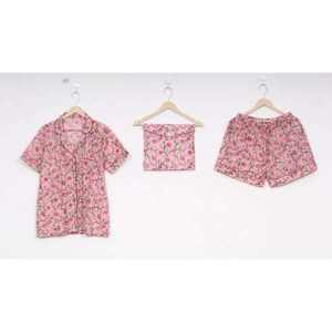 Ensemble 2 pièces décontracté pour femme, automne 2024, 100 % coton tissé, motif floral, respirant, taille élastique, manches courtes, imprimé au bloc, lavable en machine - Product Image 1