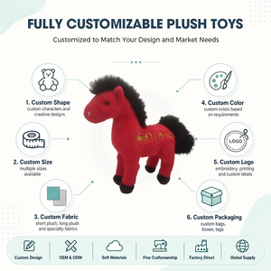 Op maat gemaakte rode paardenknuffel met gouden borduurwerk, zacht pony knuffeldier voor kinderen, cadeau voor verjaardagscollectie - Product Image 2