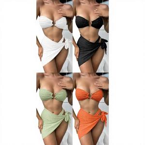 Nouvel ensemble trois pièces style bandeau : haut tube uni, jupe et <span class=keywords><strong>bikini</strong></span> avec découpes - Product Image 2