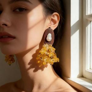 Boucles d'oreilles pendantes en bois et citrine avec perle naturelle, style vintage pour femme, usage quotidien, bijoux 2026 - Product Image 4