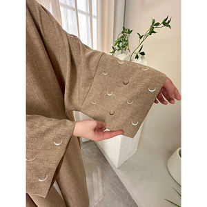 Habib EID poliéster Lino Abaya Color sólido mujeres Kimono Cardigan Abaya Femmes Robe Musulmane Luna bordado abierto Abaya - Product Image 3