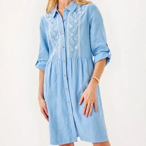 Vestido de Lino de Manga Corta Elegante para Mujer, Diseño a Rayas, Informal y Moderno, de Alta Calidad para Verano, Personalizado OEM - Product Image 1