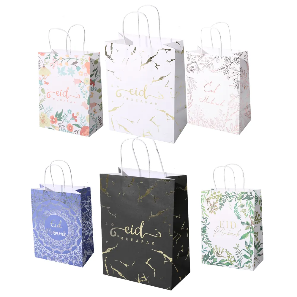 New Arrival Marble Floral Gold Stamping Foil Eid Mubarak Paper Gift Bag For Muslim Eid GIft Packaging