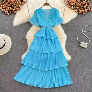 Abito Lungo da <span class=keywords><strong>Spiaggia</strong></span> in Chiffon con Maniche Corte, Allacciatura, Vestibilità Slim, Alta Qualità, Stile Francese, Moda Femminile, Abito Maxi Plissettato per Vacanze - Product Image 6