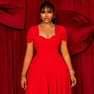 Nouvelle Arrivée 2025 – Robe Mi-Longue Évasée Décontractée à Col Bateau et Manches Courtes Grande Taille pour Femme avec Logo Avant, Idéale pour Fêtes et Invités de Mariage - Product Image 3