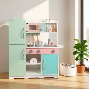 Ensemble de cuisine <span class=keywords><strong>en</strong></span> <span class=keywords><strong>bois</strong></span> pour enfants, jouet de simulation de cuisine avec réfrigérateur, micro-ondes, cuisinière et évier pour les tout-petits - Product Image 3