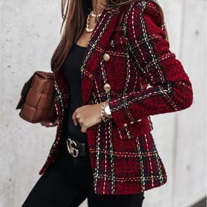 Blazer DE MODA PARA MUJER DE Otoño Invierno americano europeo, Traje a cuadros estampado cruzado Popular de manga larga con doble botonadura - Product Image 1