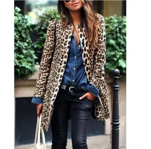Casaco estampado de leopardo feminino, casaco longo sexy casual