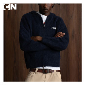 GRS Certification Sweater Manufacturer Custom logo Embroidered <b>Men</b> Navy Alpaca Nylon Knitted <b>Zip</b> Hoodie Sweater with Fluffy - Product Image 3