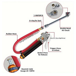 ตัวเรือนอะลูมิเนียมและวาล์วทองเหลือง 20 ถึง 120 PSI เกจวัดแรงดันลมยางแบบยืดหยุ่นขนาด 12 นิ้ว พร้อมที่สูบลมยาง - Product Image 3
