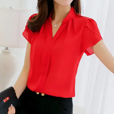 Heiße Sommer Frauen Chiffon Bluse Kurzarm Rot Damen Büro Damen Shirts Plus Size Work Top Plus Size Casual Weibliche Kleidung
