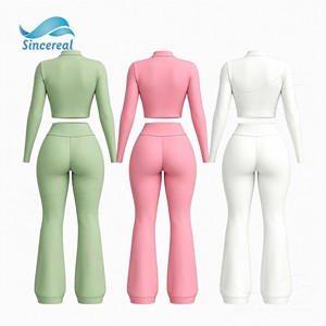 Custom Logo Gym Y2K Fitness Workout <strong>Set</strong> Full Zip Up Jacket Flared Yoga Leggings Matching Headband 2 Piece Women Activewear <strong>Sets</strong> - Product Image 2
