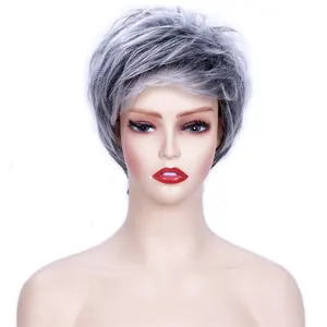 Women Wholesale Wigs With Bangs Black Ombre Silver Gray Ladies Hair Natural Straight Short Synthetic Hair Wigs