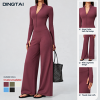 Combinaison athleisure pour femme à demi-zip, manches longues, col montant, jambes larges, passe-pouces, en nylon brossé et élasthanne, anti-humidité