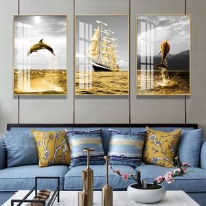 Popolare delfino e barca <span class=keywords><strong>a</strong></span> <span class=keywords><strong>vela</strong></span> decorazione soggiorno pittura stampa tre pezzi Set di pittura porcellana di cristallo - Product Image 6