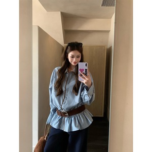 Camisa de Mezclilla a Rayas Azules para Mujer, Corte Regular, Estilo Vintage Chic, Manga Larga, con Botones, Transpirable, para Uso Diario - Product Image 2