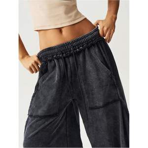 Pantalones Palazzo de Mujer Personalizados de Pierna Ancha con Lavado Ácido, Cintura Elástica con Cordón, Talle Alto, Bolsillos y Tejido de Felpa Casual - Product Image 4