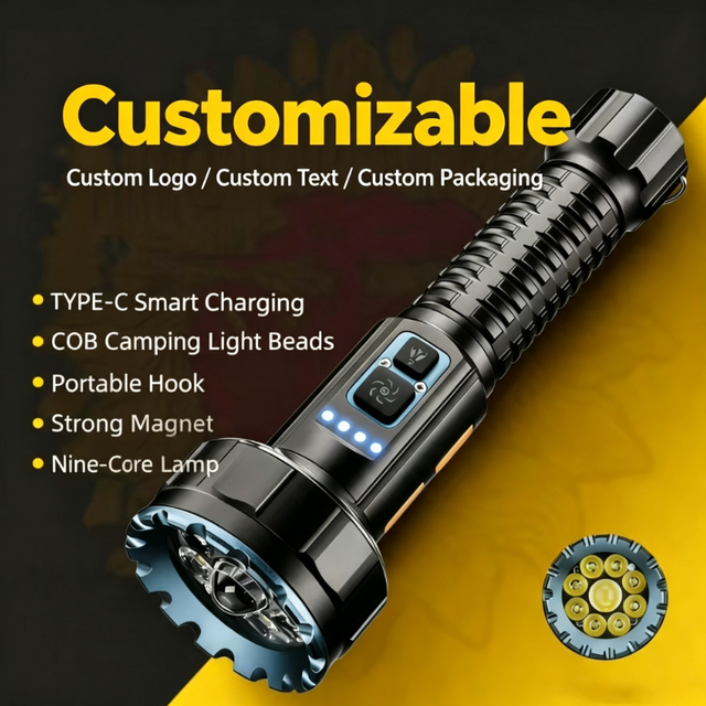 New High-Brightness 1000+ Lumens Long-Range Multi-Functional USB Rechargeable IP55 Aluminum Alloy LED Camping Flashlight 21700