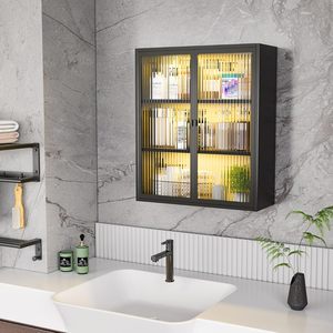 Armoire murale de salle de bain moderne, armoire à pharmacie en métal, portes en verre cannelé, armoire murale pour toilettes, 5 étagères réglables - Product Image 2