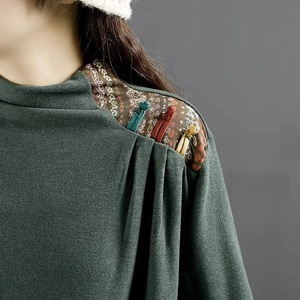Women's Long Sleeve High Neck Top Autumn Winter Chinese Style Embroidery Velvet Base Shirt Brown Green Black - Product Image 4