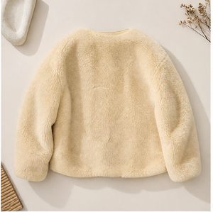 Veste en laine pure à 100 % pour <span class=keywords><strong>femme</strong></span>, col rond, simple boutonnage, passepoil contrastant, <span class=keywords><strong>manteau</strong></span> <span class=keywords><strong>court</strong></span> en laine bouclée - Product Image 3