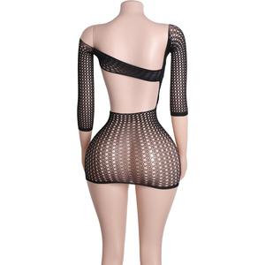 Body en dentelle Mini robe Manches longues Sheer Fishnet Erotic Clubwear Festival Shiny Performance Exotic Dancer Outfit - Product Image 6