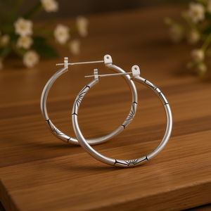 Boucles d'oreilles créoles tibétaines en argent, style classique, bijoux unisexes en alliage, plaqué argent couleur or blanc, boucles d'oreilles tendance - Product Image 2