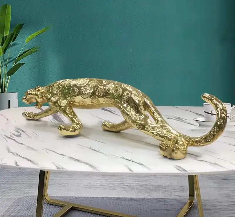 Ornamen patung meja dalam ruangan, dekorasi rumah Resin Cheetah, patung macan tutul keramik emas perak, seni rakyat Eropa, kerajinan Resin hewan