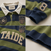 Polo de rugby court TaiDe avec logo personnalisé, 380 GSM, broderie patch chenille, délavage vintage, rayures universitaires, fabricant de vêtements OEM ODM