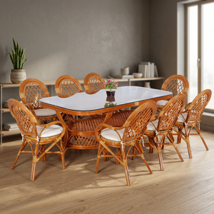 Ensemble de salle à manger en rotin 8 pièces avec chaises à dossier solide et table en verre, design moderne et traditionnel pour appartement et maison - Product Image 3