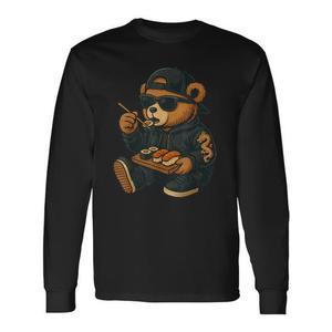 Camiseta de manga larga con diseño de oso de peluche comiendo sushi, comida japonesa, estilo Hip Hop para hombres y mujeres - Product Image 1