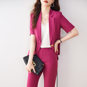 Women's Suit Set Short Sleeve Pink Wool Blend Anti-Wrinkle Business Casual Professional Wear - Product Image 1