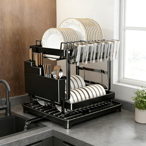 2025 Hot Selling Carbon Steel Black 2 Tier Tableware <b>Dish</b> Drying Drainer Dyer Rack with Cutlery Holder Made in China - Product Image 5