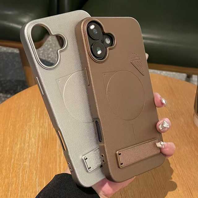 New Metallic Patent Leather Texture Holder Mobile Phone Case for Iphone 16 Pro Max 15 14 Plus 13 Magnetic Shockproof Phone Cover