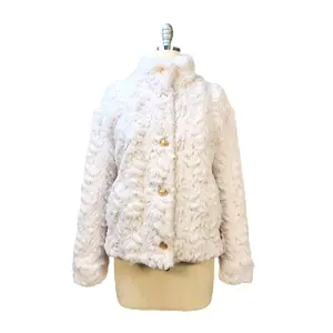 2024 Hot Sale White Color New Design Stand Collar Covered Gold Button Regular Sleeves Women Winter Cardigan Cute Winter Clothes