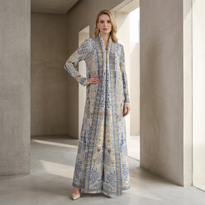 Nouvelle <span class=keywords><strong>Abaya</strong></span> Plissée Miyake 2026, Manteau Long Imprimé Ethnique Beige et Bleu pour Femme, Tenue Extérieure Élégante Thermofixée - Product Image 5