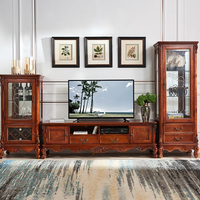 Meuble TV de rangement classique de luxe avec tiroirs, unité sur pied pour salon, ensemble de console TV en bois massif de style américain