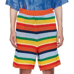 OEM Custom color striped men's Shorts Elastic crochet cotton pants Breathable mesh casual sports pants Multi-color