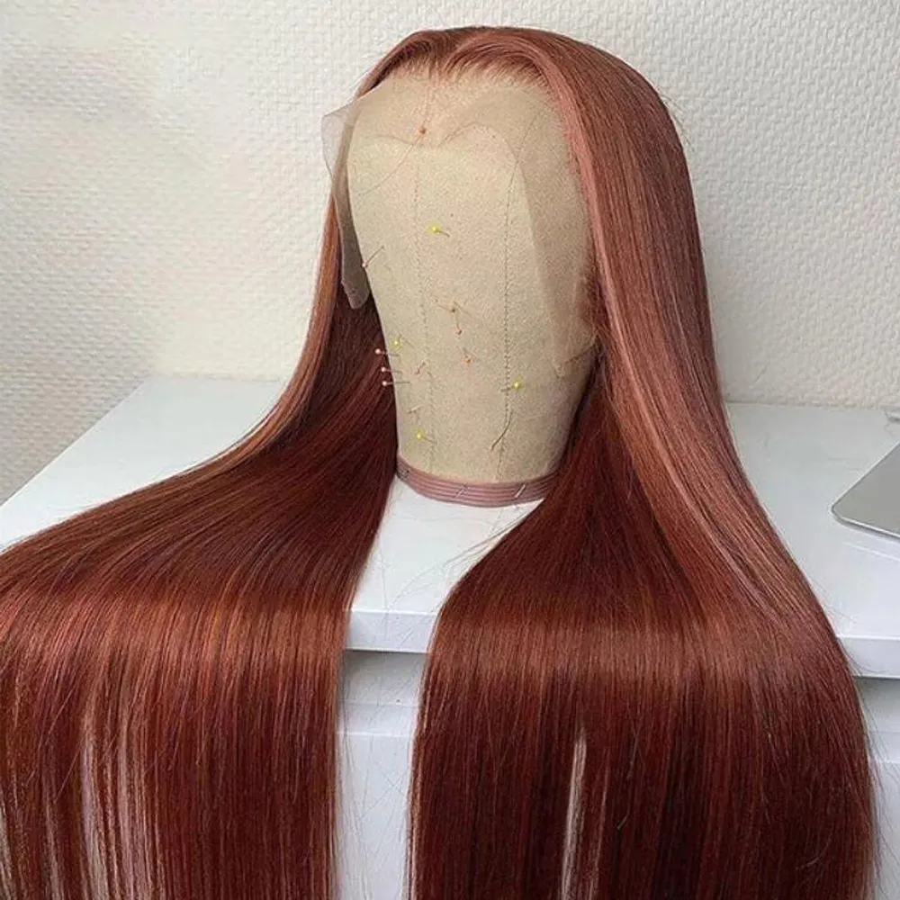 #33 Reddish Brown Human Hair Wig Auburn Straight Brazilian Hair Frontal Wig 13x4 Transparent HD Lace Front Wigs with Baby Hair