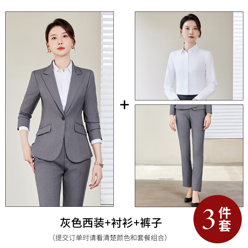 Grey suit, white shirt and trousers