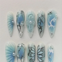 Uñas Postizas 3D con Diseño Floral de Ojo de Gato, Uñas Acrílicas de Verano con Diseño de Conchas Marinas Azules, Uñas Postizas Largas de Estilo Stiletto, Uñas Postizas de Cobertura Completa